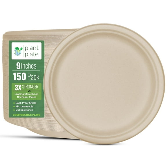 Plant Plate 9 Inch Compostable Solid Print Disposable Paper Plates, 150 Count (1 Pack)