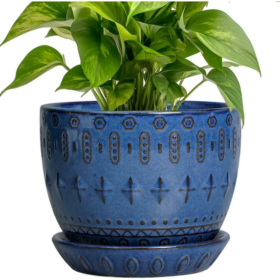 Plant Pot 5 Inch - Ceramic Planter for Indoor Plants Outdoor, Succulent Orchid Pot with Drainage Hole and Saucer, Round Flower Pot for Home Decor, Blue