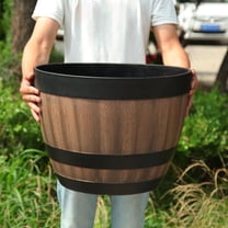 YNCE Faux Barrel Planter, Plastic Flower Pot with Tray for Indoor Outdoor Garden Decor, Lightweight Rustic Style Plant Container