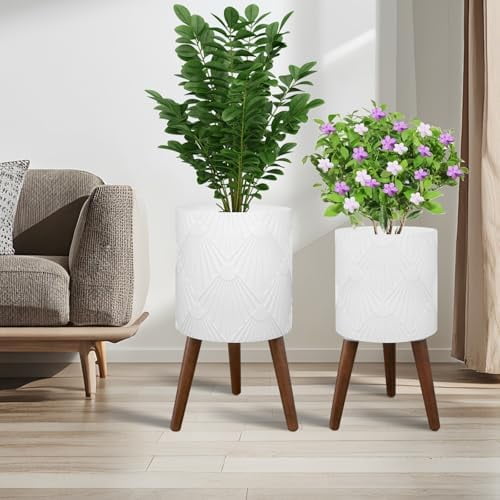 Plant Pot with Stand, Large Planters for Indoor Plants, Modern Standing Round Flower Pots Indoor with Wood Planter Holder, White Maple Leaf Pattern, 2 PCS (10 inch+12 inch)$$Garden & Patio