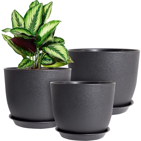 Plant Pots 10/9/8 inch, Set of 3 Modern Decorative Plastic Planters with Drainage Holes and Saucers for House Plants Indoor Flowers Plants, Black