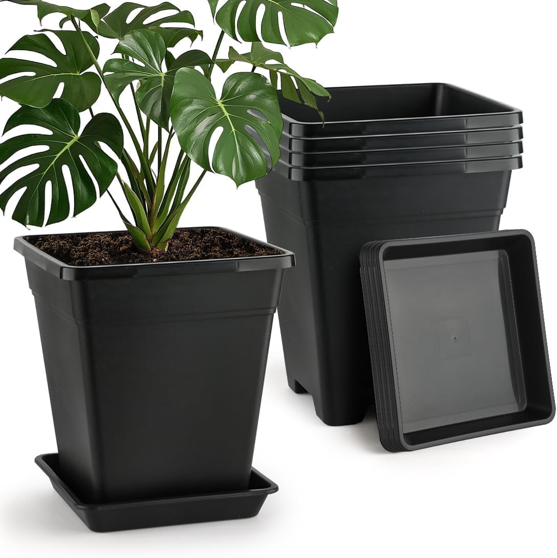 Plant Pots 10 Inch Set of 5, Large Square Plastic Planter with Drainage \u0026  Saucer, 5 Gallon Thick Outdoor Garden Pots Container for Outdoor Indoor, Flower  Pots Planters - Walmart.com, image size:1088x1089