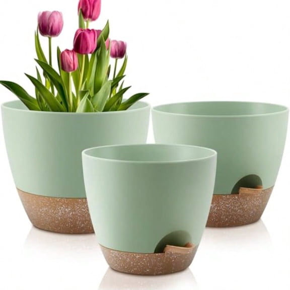 Plant Pots 12/10/9 Inch Self Watering Pots Set of 3 Plastic Planters with Drainage Holes and Saucers Plastic Flower Pots Nursery Planting Pot for Indoor Out Door Plants Green