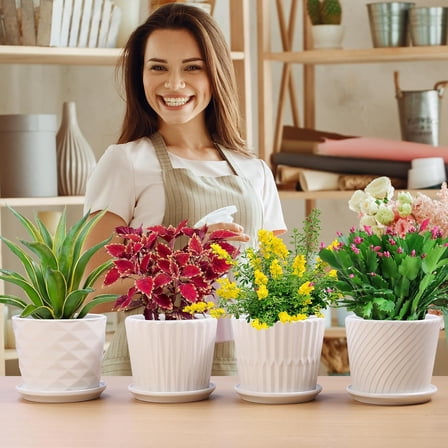 Plant Pots - 5.5 Inch Cylinder Ceramic Planters with Connected Saucer, Set of 4, White