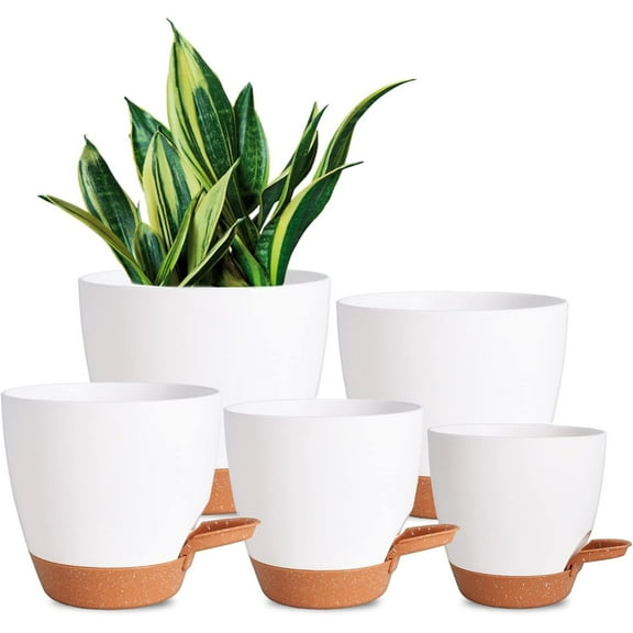 Plant Pots 7/6.5/6/5.5/5 Inch Self Watering Planters with Drainage Hole, Plastic Flower Pots, Nursery Planting Pot for All House Plants, Succulents,Snake Plant, African Violet, Flowers,White
