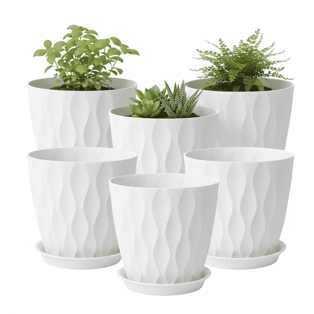 6 Pack 8 Inch Plant Pots , Plastic Flower Pots for Indoor & Outdoor Plants, Planters with Drainage Holes and Saucer (White)
