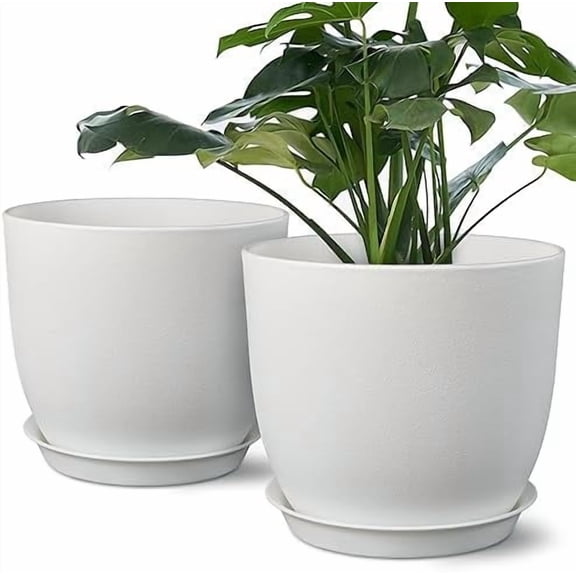 Plant Pots 8 Inch Set of 2, Flower Pots with Multi Mesh Drainage Holes, Planters for Indoor Outdoor Garden Plants and Flowers (White)