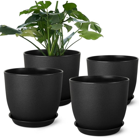 Plant Pots 8 Inch Set of 4, Flower Pots with Multi Mesh Drainage Holes, Planters for Indoor Outdoor Garden Plants and Flowers (Black)