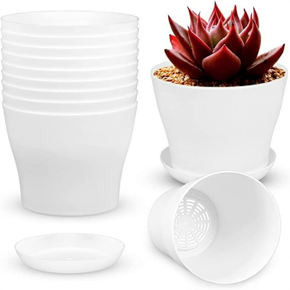 Plant Pots, 8 Pack Flower Pots with Drainage Holes and Saucers, Plastic Planters for All Home Garden Flowers Plants Succulents, 5.5inch, White
