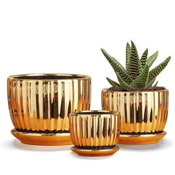Plant Pots,Ceramic Planters with Drainage Holes & Saucers Set of 3