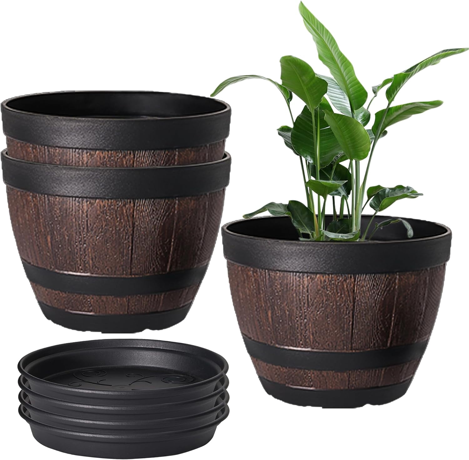 Plant Pots with Drainage Holes & Saucer, Flower Pots with Tray, 3 Pack Plastic Whiskey Barrel