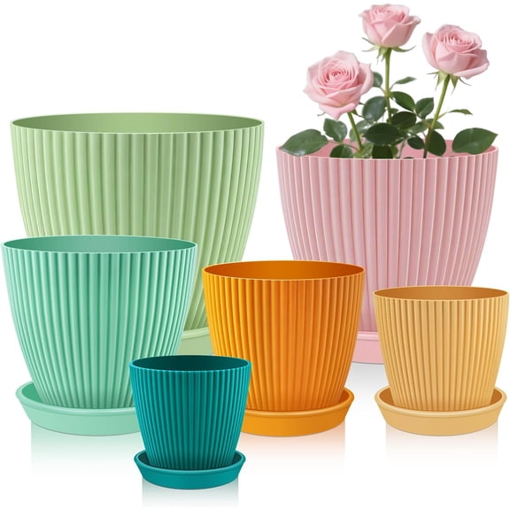 Plant Pots with Drainage Saucers 7.5/6.7/6/5/4/3.5 Inch Set of 6,Plastic Flower Pots Planters with Multi Mesh Drainage Holes Multicolor Nursery Planting Pot for Indoor Outdoor Garden Plants
