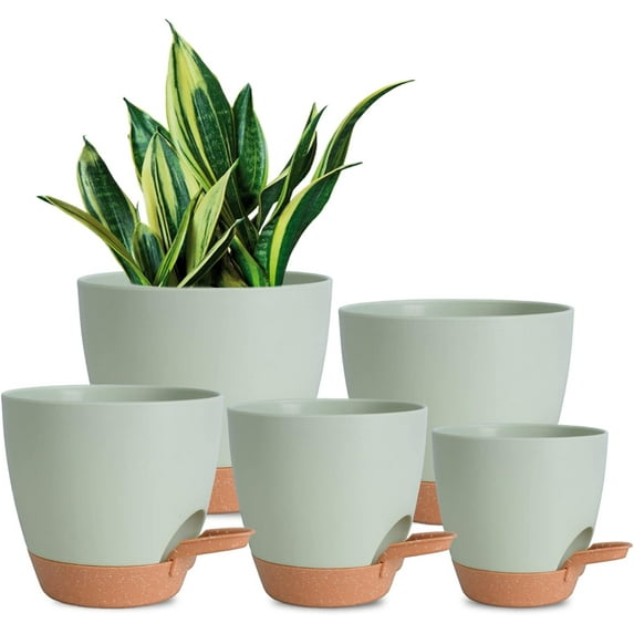 Plant Pots Indoor 7/6.5/6/5.5/5 Inch Self Watering Planters for Indoor Plants with Drainage Hole, Plastic Flower Pots for Succulents, African Violet (Green)