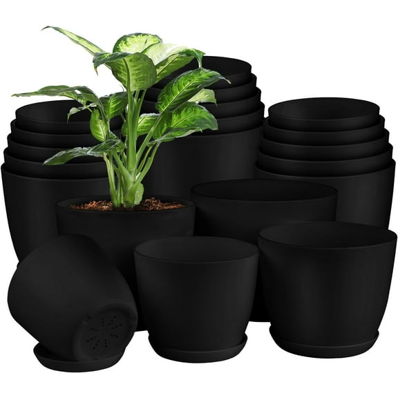 Plant Pots with Multi Drainage Holes - 20 Pieces Versatile, Sturdy Plastic, Stackable Design Home Decor Flower Pots for Indoor and Outdoor Gardening - Black