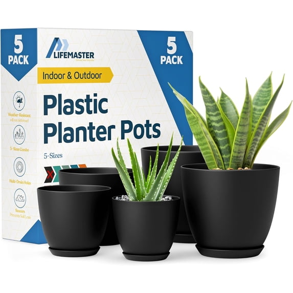 Plant Pots with Multi Drainage Holes - 5 Pieces Versatile, Sturdy Plastic, Stackable Design Home Decor Flower Pots for Indoor and Outdoor Gardening - Black