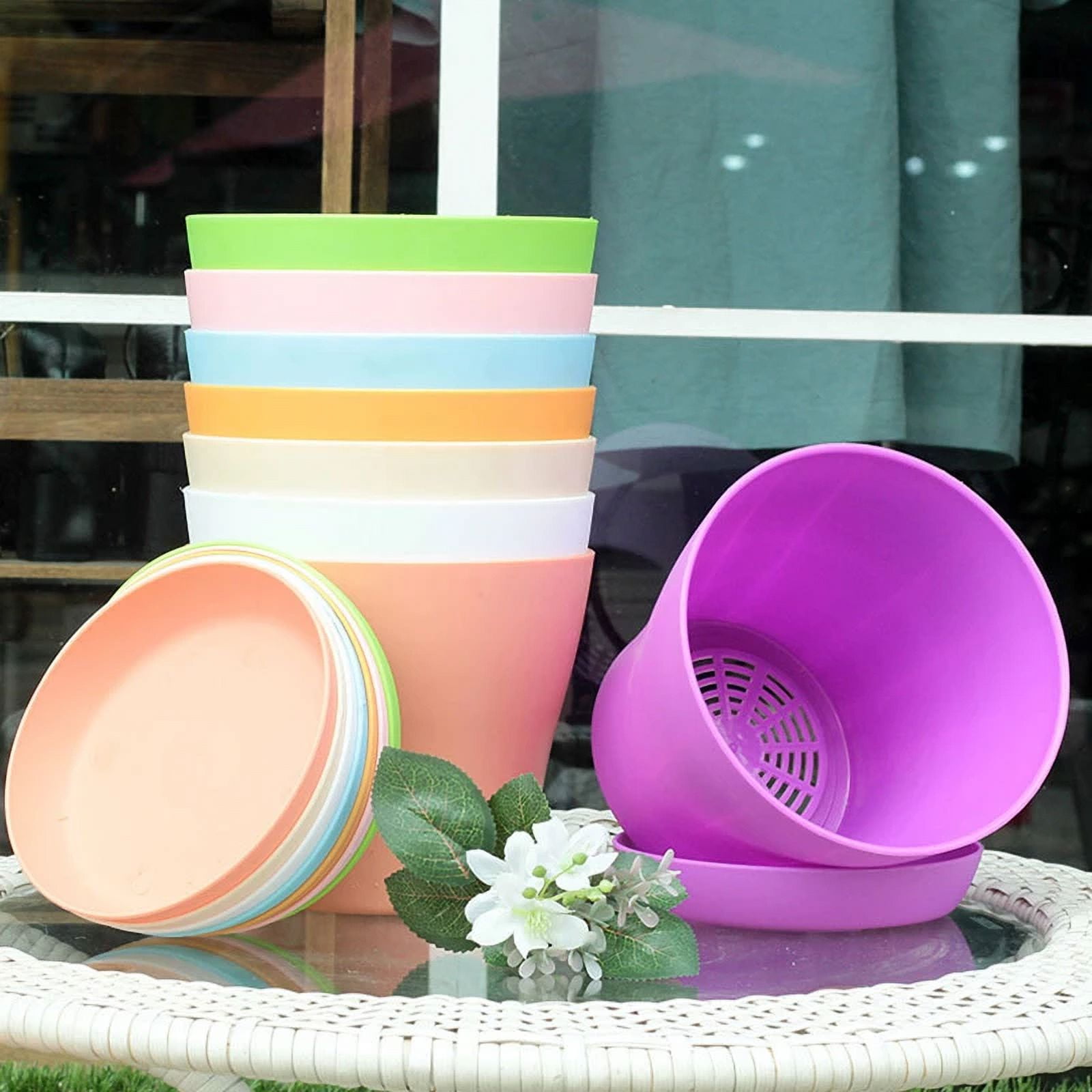8Pcs Plastic Flower Pots with Saucer & Drainage Holes 5 Inch Modern ...