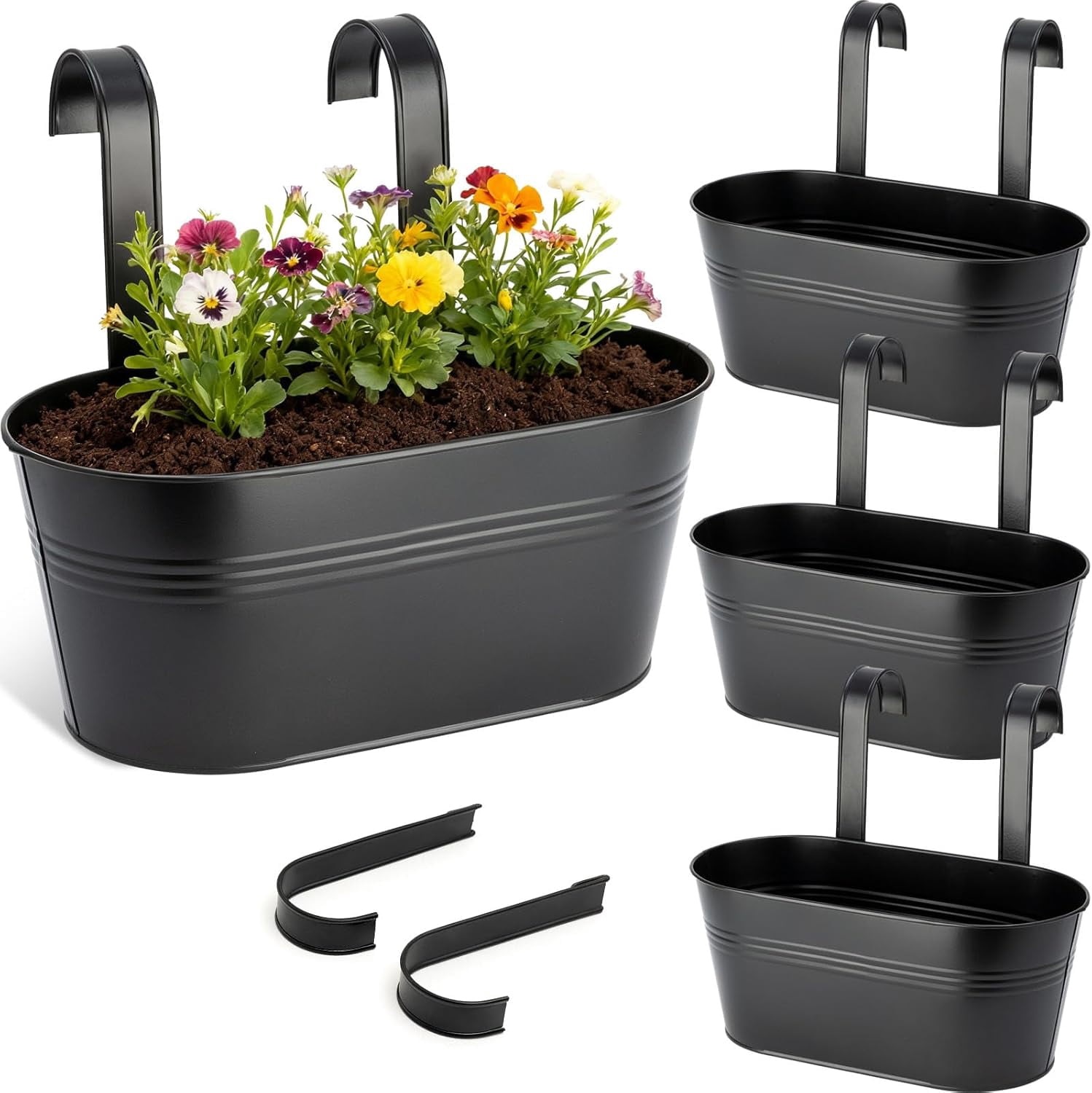 GENTINGBRO Hanging Basket 12 Inch Metal Hanging Plant Pot with Detachable Hooks Outdoor Indoor Hanging Baskets for Garden Balcony Fence Railing Decor Plant Hanger Bucket 4 Pack Black