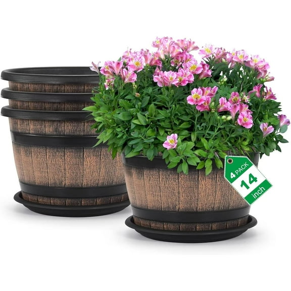 Plant Pots Set of 4 Pack 12 inch,Large Whiskey Barrel Planters with Drainage Holes & Saucer.Plastic Flower Pots Imitation Wine Barrel Design, for Indoor & Outdoor Garden Home Plants (Brown)