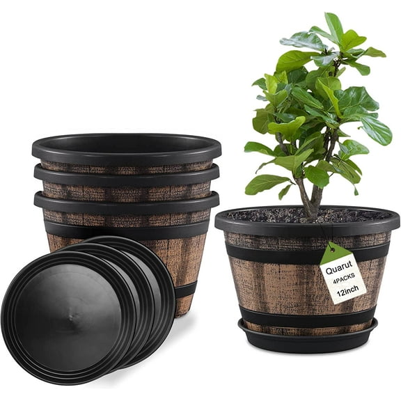 Plant Pots Set of 4 Pack 12 inch,Large Whiskey Barrel Planters with Drainage Holes & Saucer.Plastic Flower Pots Imitation Wine Barrel Design, for Indoor & Outdoor Garden Home Plants (Brown)