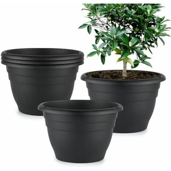 Plant Pots Set of 5, 10" Outside Diameter Flower Pots, 8.5" Inner Diameter Planters with Drainage Hole, Durable Perfect for Indoor & Outdoor Plant Planting, Decor, Black