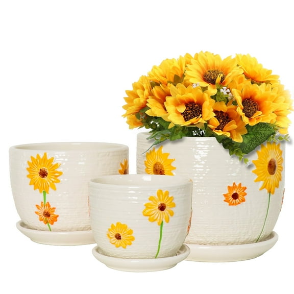Plant Pots,Set of 3 Ceramic Sunflower Flower Pots for Indoor Plants,4+5+6 inch Pots with Drainage Hole Saucer,Garden Pots Catus Planters