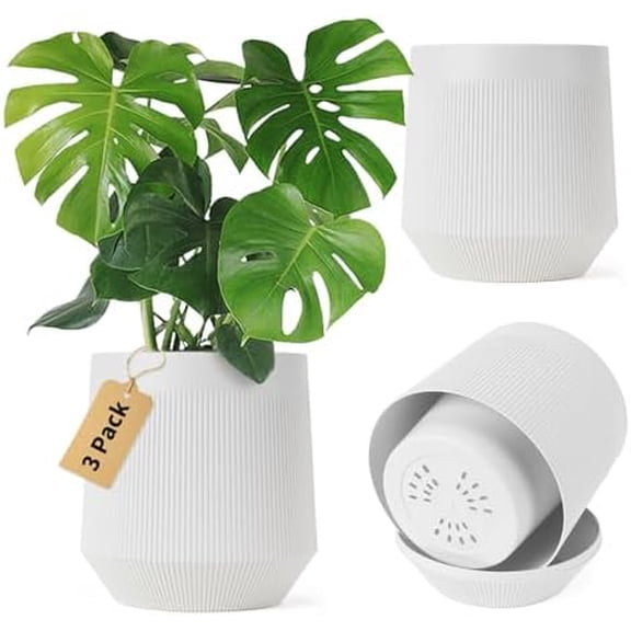 Plant Pots，Set of 3 Plastic Pots for Indoor Plants,Flower Pots Outdoor Planters with Drainage Hole and Seamless Saucer,White
