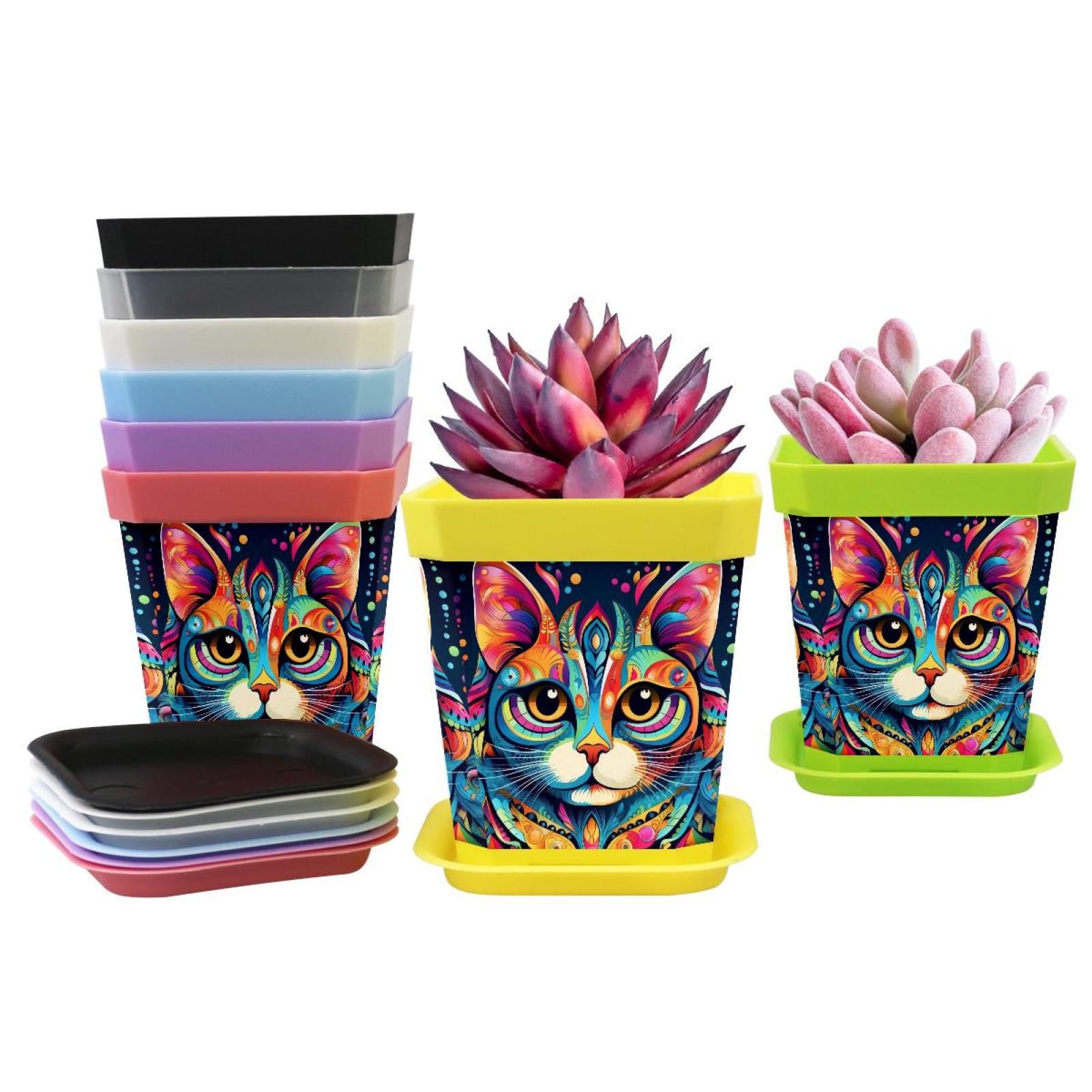 Plant Pots with Drainage - Home Decor Flower Pots for Indoor Planter - Pack of 8 Plastic Planters, Cactus, Succulents Pot - Cat Queen