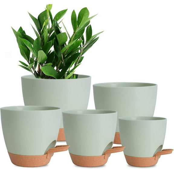Behome Set of 5 Plant Pots, 5/5.5/6/6.5/7 Inch Indoor Self Watering Planters with Drainage Holes and Saucers, Modern Decorative Planter Pot for All House Plants, Green