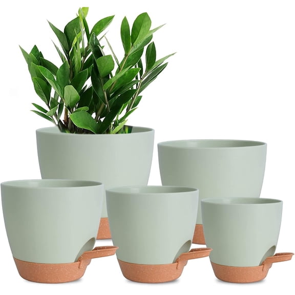 Behome Set of 5 Plant Pots, 5/5.5/6/6.5/7 Inch Flower Pot Indoor Self Watering Planters with Drainage Holes and Saucers, Modern Decorative Planter Pot for All House Plants, Green