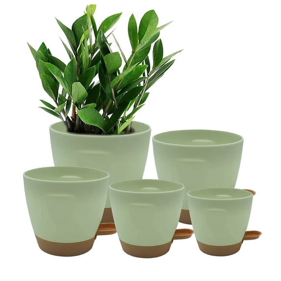 Behome Set of 5 Plant Pots, 5/5.5/6/6.5/7 Inch Flower Pot Indoor Self Watering Planters with Drainage Holes and Saucers, Modern Decorative Planter Pot for All House Plants, Green