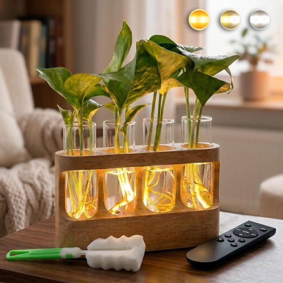 Plant Propagation Station with LED Grow Light, Rechargeable Wooden Desktop Planter Terrarium with 4 Glass Test Tubes, Remote Control 3 Color Temperatures & Dimmable, for Home Office Decor