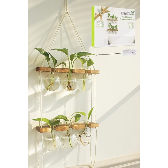 Plant Propagation Station Wall Hanging with 2 Tiered Wooden Stand | Plant Terrarium for Hydroponics Plants, Unique Gardening Gifts for Women Mom Plants Lovers - 6 Bulb Glass Vases