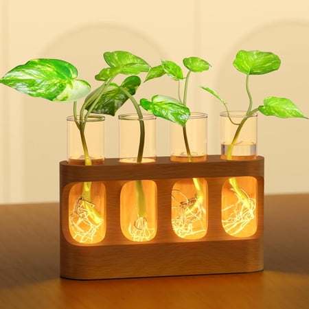 Plant Propagation Station with Wooden Stand & 4 Glass Test Tubes, 9-Speed Dimmable Adjustable LED Grow Light Hydroponic Vase, Water Plant Rooting Station Decor Gift for Plant Lovers