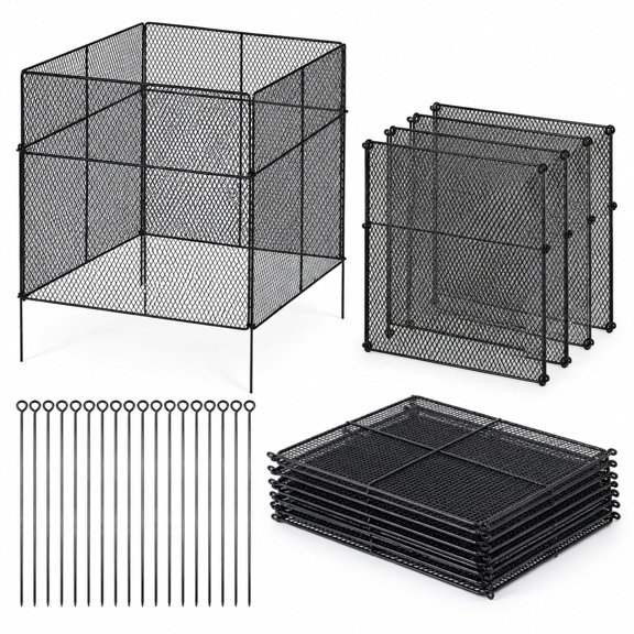 Plant Protector Cages, 5 Pack, 13.6" x 13.6" Square Mesh with 15.8" Stakes, Black Coated Metal Wire, Animal Barrier for Outdoor Garden Plants
