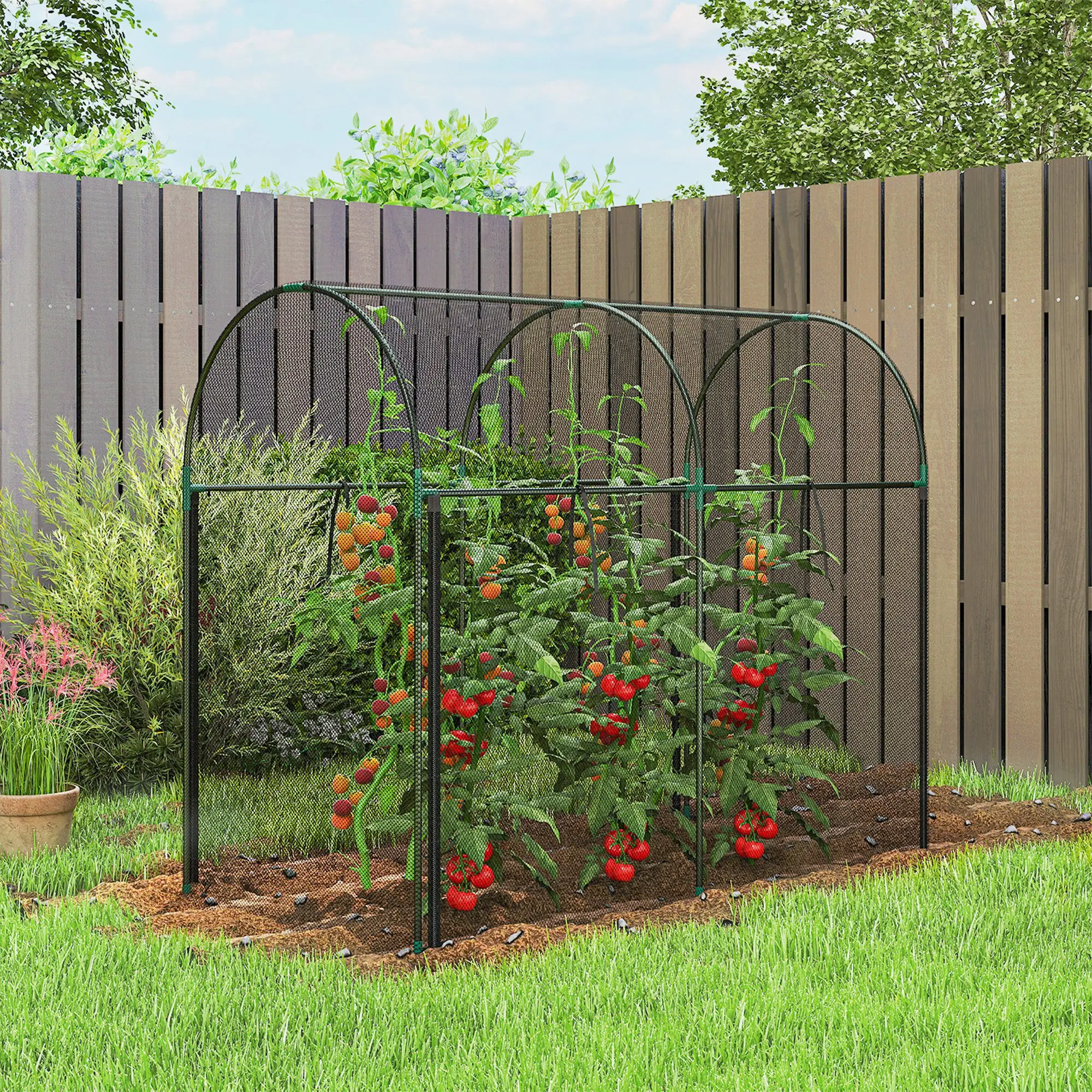 Plant Protector Crop Cage, HDPE Mesh Cover, Powder-Coated Steel Frame, Roll-Up Zippered Door, with U-Shaped Stakes for Vegetables & Climbing Crops