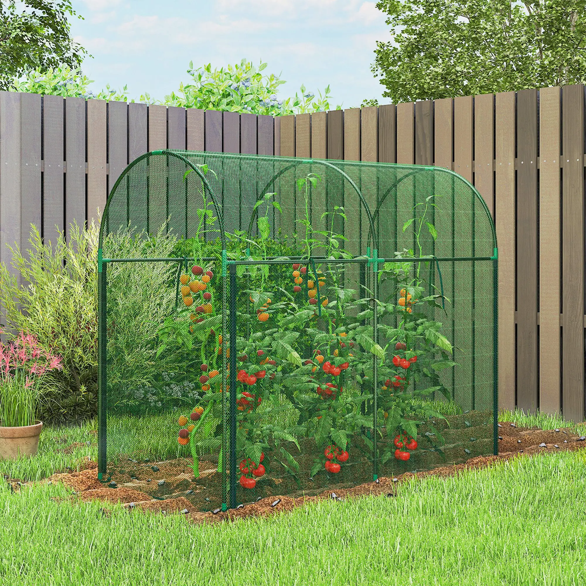 Plant Protector Crop Cage for Tall Vegetables & Climbing Crops, HDPE Mesh Cover, Powder-Coated Steel Frame, Roll-Up Zippered Door with U-Shaped Stakes