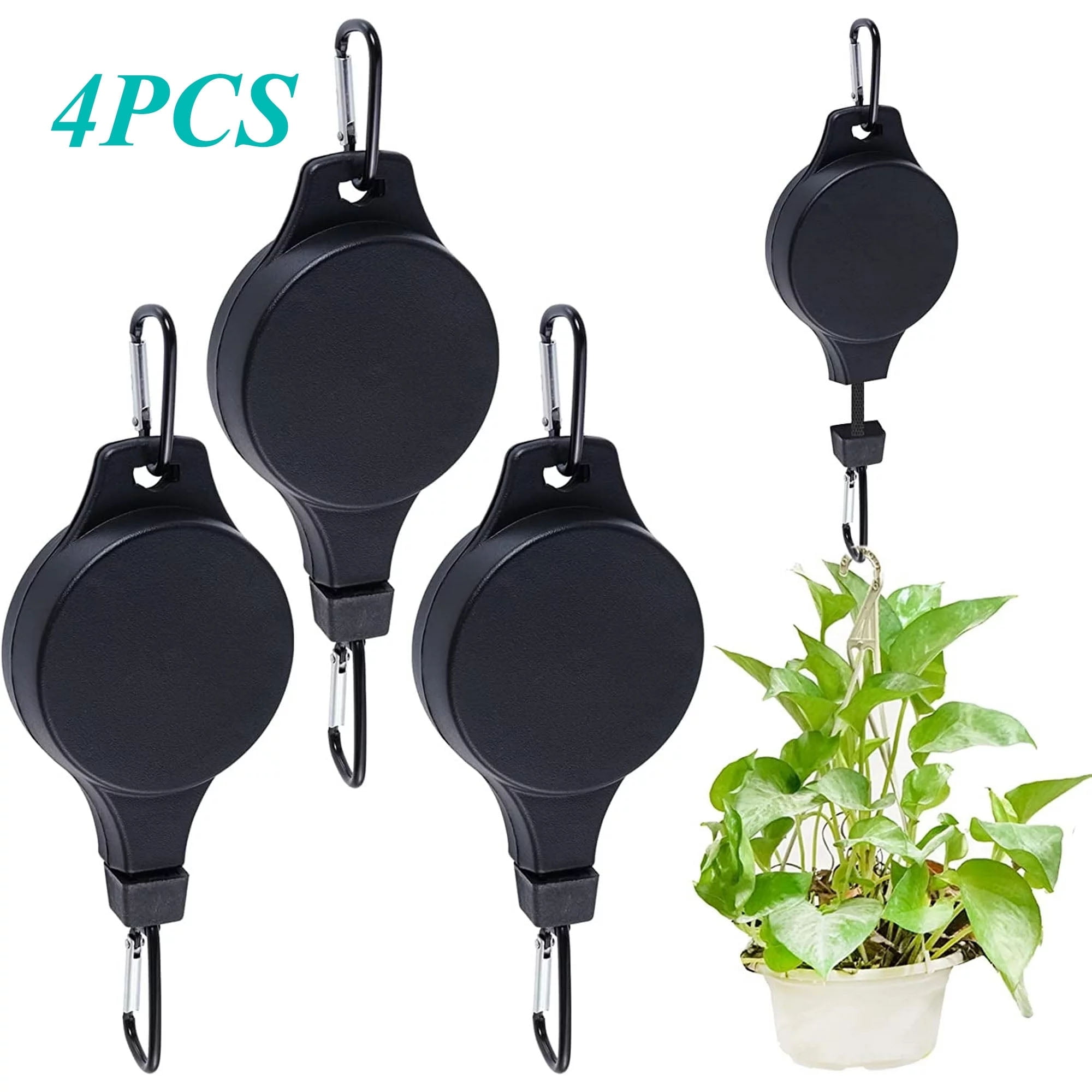 Plant Pulleys Retractable Hanger Easy Reach Plant Pulley Adjustable Height Wheel for Hanging Plants Heavy Duty Indoor Outdoor Plant Hanger, 4 Pack Black