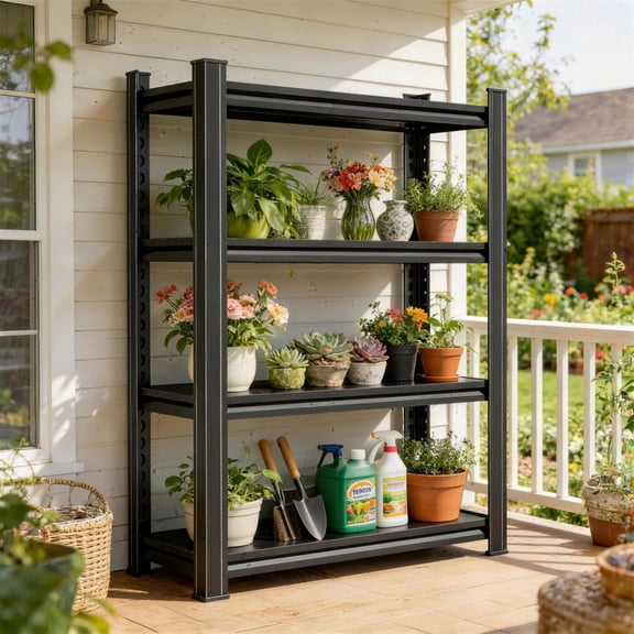 Plant Rack, 4 Tier Adjustable Heavy Duty Steel Storage Rack, Metal Shelving Unit, 3000lb Storage Shelves for Kitchen Garage Office Warehouse Organization, Black-14"D x 32"W x 44"H
