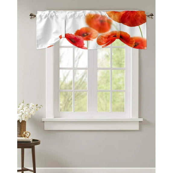 Plant Red Poppy Flower White Window Curtain Kitchen Cabinet Coffee Tie-Up Valance Curtain Rod Pocket Short Curtain