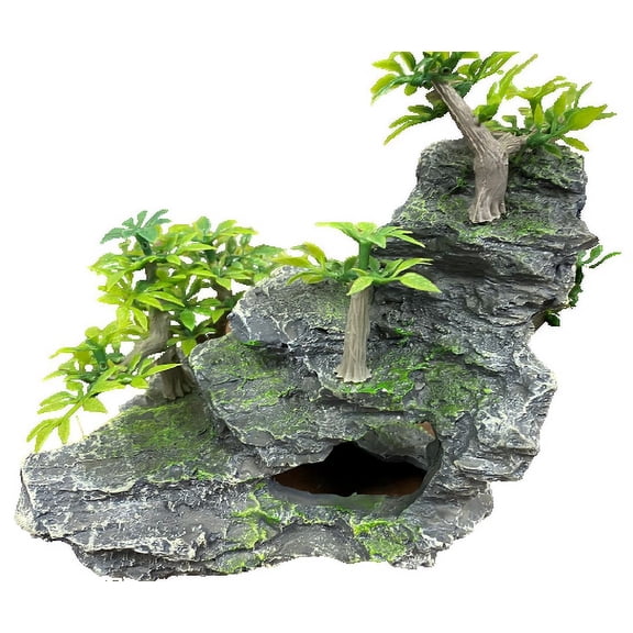 Plant on Rock Aquarium Ornament, Aquarium Rock Outcrop Ledge Ornament with Plastic Plants, Artificial Aquarium & Fish Tank Decoration Ornament, Fish, Reptile & Turtle Safe Polyresin