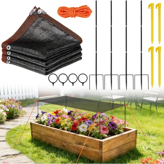 Plant Shade Cloth Kit for Garden, 9.8*6.6FT Garden Shade Cloth Kit for Raised Beds include 4 Poles & Rope, 70% Sun Block Cover Kit with Stakes for Plants Heat Protection for Outdoor Plants Vegetables
