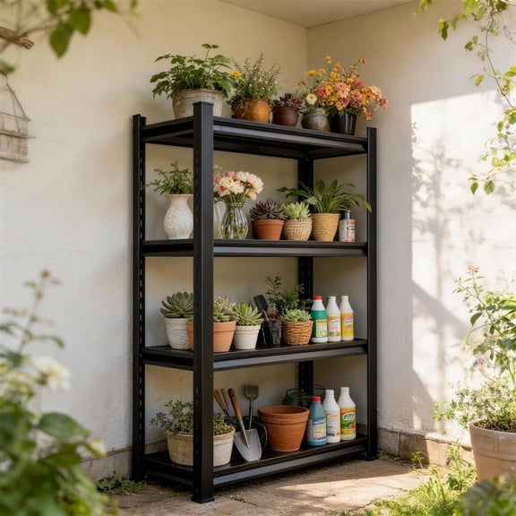 Plant Shelf, 4 Tier Heavy Duty Storage Shelves, 54"H Adjustable Steel Shelving Unit, 3000 LBS Capacity Waterproof Rustproof Metal Rack for Home Garage Pantry Organization|10"D x 16"W , Black