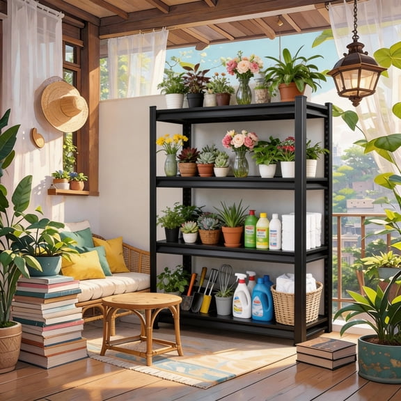 Plant Shelf, 4 Tier Storage Rack, Adjustable Metal Shelving Unit with Upgraded Reinforced Double-Layer Columns, 3000lb Shelf for Office Kitchen Bedroom, Bookshelf, Garage