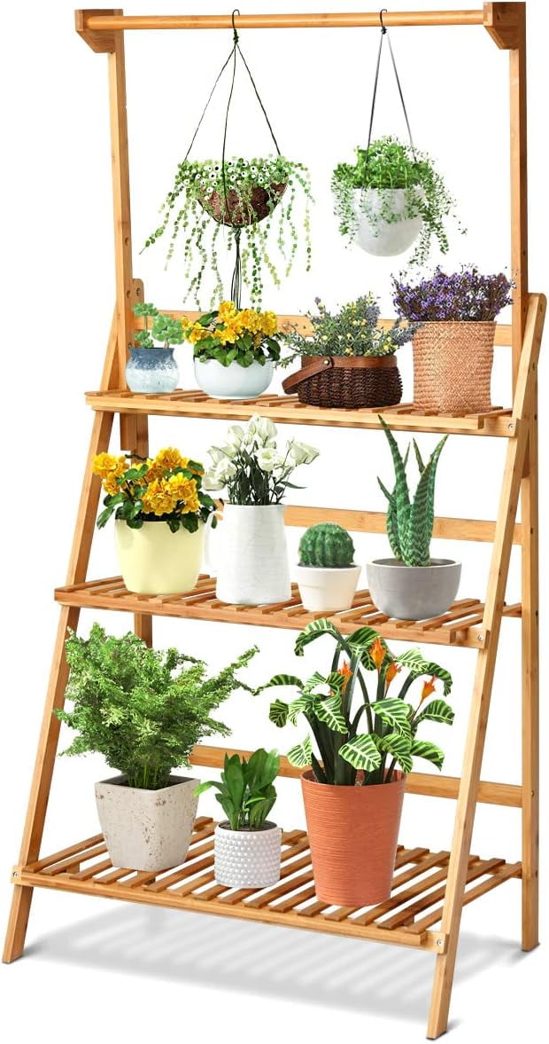 Natural Bamboo 3-Tier Hanging Folding Plant Stand