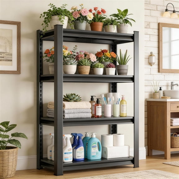Plant Shelf Heavy Duty, 4 Tier Metal Shelving Units, Adjustable Storage Shelves with Upgraded Reinforced Double-Layer Columns, Waterproof Black Rack for Kitchen Garage Office, 12"D x 32"W x 44"H