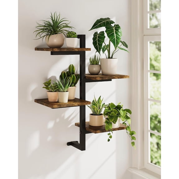 Plant Shelves 4 Tier Wall Planter Holder with Wooden Floating Shelf Brown