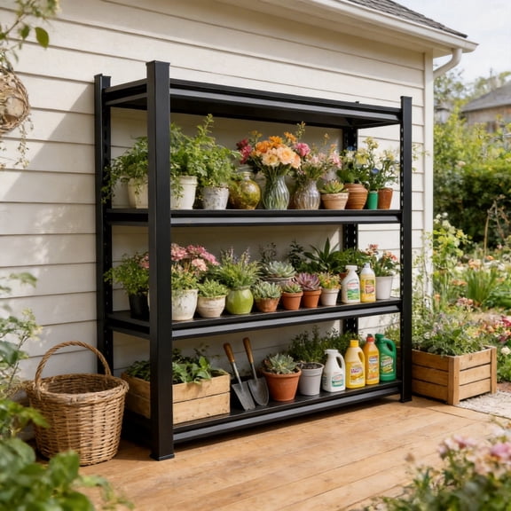 Plant Shelving Heavy Duty, 48” W x 54” H Large Storage Shelving, 24” Deep 4 Tier Heavy Duty Steel Rack, 3000 LBS Load Adjustable Unit for Commercial Garage Warehouse, Black