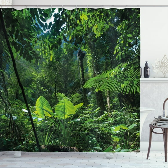 Plant Shower Curtain, Green Jungle Untouched Nature Environmental Concerns Flora Fauna Jungle Rainforest, Fabric Bathroom Set with Hooks, 69W X 70L Inches, Forest Green, by Ambesonne