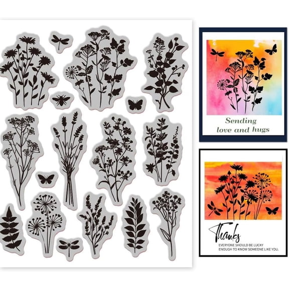 Plant Silhouette Background Cling Rubber Stamp 7.09x8.66inch Flowers Leaves EVA Stamps Embossing Stamp Seal for DIY Scrapbooking and Card Making Paper Craft Decor Colorful DIY