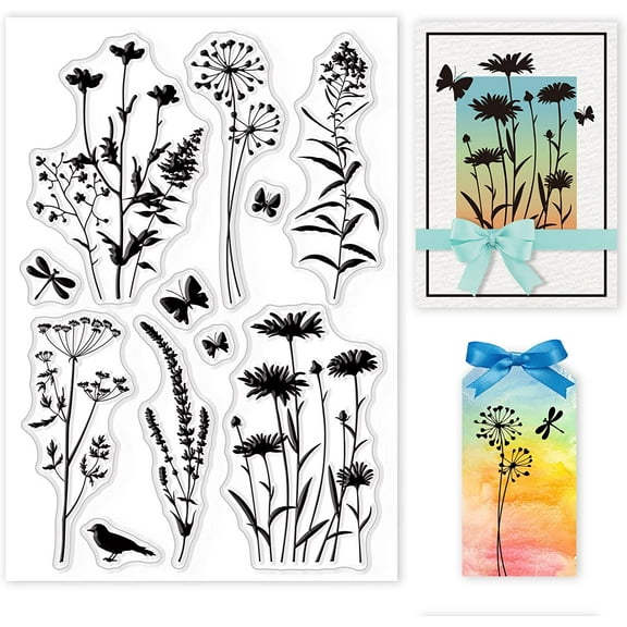 Plant Silhouette Silicone Clear Stamp Flowers Leaves Transparent Silicone Stamp Daisy Lavender Wildflower Rubber Stamp for Scrapbook Journal Card Making for DIY